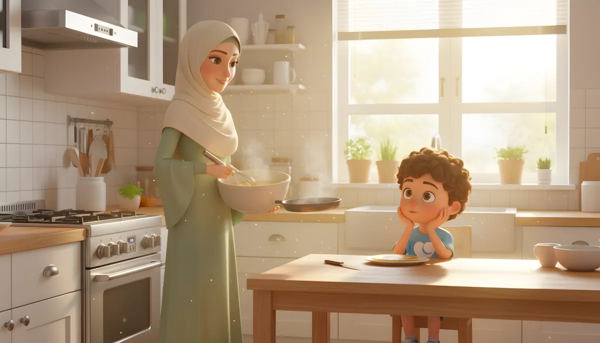 A mother cooking while her son watches from the table — an Al-Fātiḥah episode still